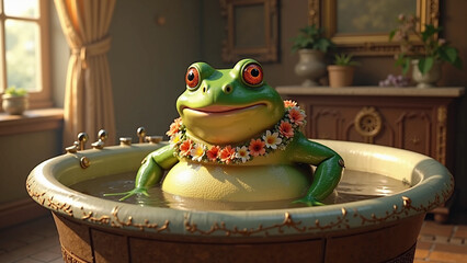 Cartoon frog with flower necklace relaxing in vintage bathtub