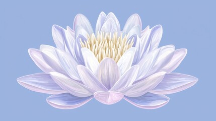 Fototapeta premium A serene water lily with delicate white and purple petals against a soft blue background, symbolizing tranquility and beauty.