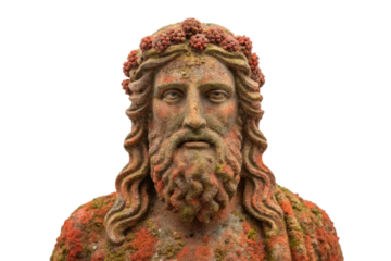 Ancient sculpture of a bearded deity with a crown of vines and weathered texture in serene expression