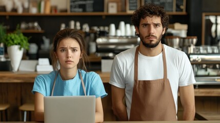 Frustrated cafe staff behind counter