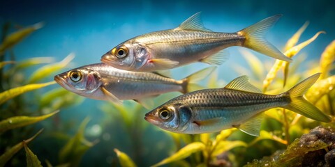 Underwater Scene with Three Fish Swimming Among Green Plants
