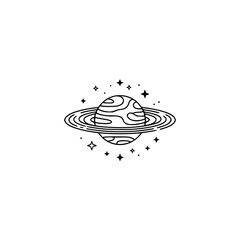 Minimalist Saturn Planet with Stars, Black and White Line Art