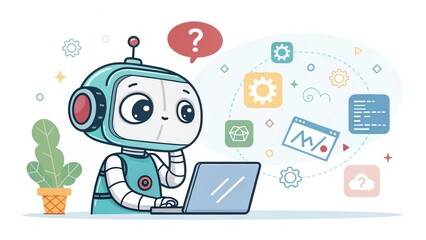 Cute robot thinking with digital icons, looking at a transparent code screen.