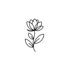 Minimalist Floral Line Art: Black Flower & Leaves on White Background