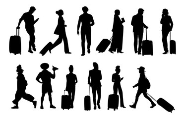 Silhouettes of different tourist Characters, men and women with Suitcases And Bags, camera, coffee cup walking side, front, back, rear view. Concept for Travel and vacation. Black Vector Illustrations
