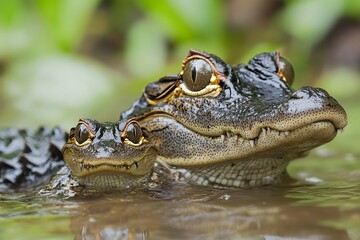 A caiman swims closely with its young in a muddy river, demonstrating protective instincts in reptiles