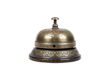 Vintage reception bell on wooden base for hotel check-in service or welcoming guests
