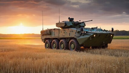 A military vehicle navigates through a golden wheat field