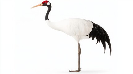 Obraz premium Endangered species rehabilitation. A majestic crane with a striking red crown, elegant white feathers, and black accents stands gracefully against a clean, white background.