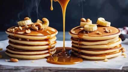 Fresh pancakes topped with sliced bananas, chopped nuts, and sweet syrup