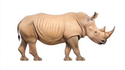 Obraz premium Endangered species rehabilitation conservation wildlife rescue. A side view of a rhinoceros showcasing its distinctive features and robust build against a plain background.