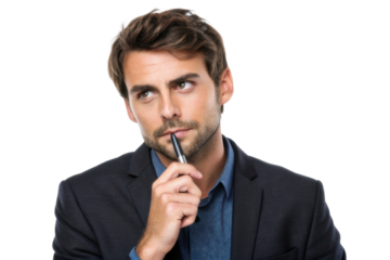 Pensive man in business attire thinking with pen, reflecting on ideas for work and decision making