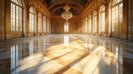 Obraz premium A reflective marble floor in a grand palace mirroring chandeliers above.