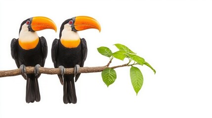 Endangered species rehabilitation conservation. Two vibrant toucans perched on a branch, showcasing their colorful beaks and contrasting black and white plumage against a soft background.
