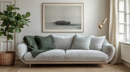 Comfortable living room scene with couch, plant, and natural light indoors