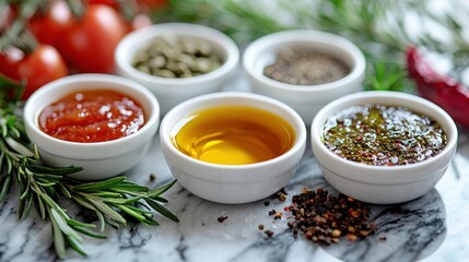 Assorted small bowls of sauces and oils, ready to use
