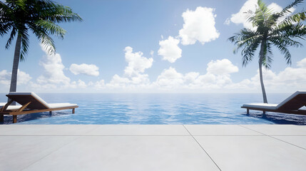 Serene Ocean View with Palm Trees and Lounge Chairs by the Water