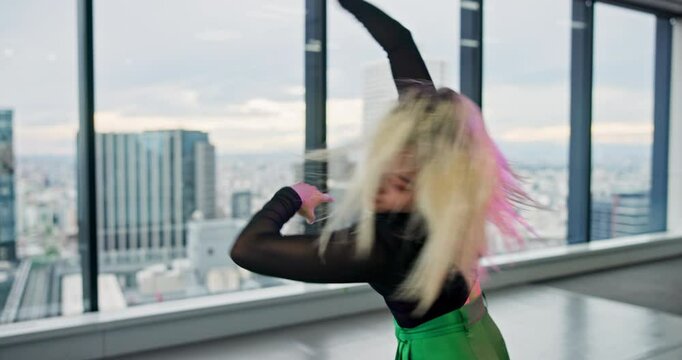 Studio, interpretative dance and woman with creative rehearsal, practice or performance. Art, portrait and Japanese female person with choreography for groove, recital or movement with energy.