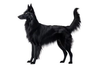 Black dog standing with alert posture and raised tail, isolated on transparent background