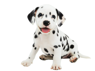Dalmatian puppy with black spots sitting playfully, isolated on transparent background