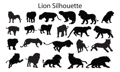 Lion silhouettes set, large pack of vector silhouette design, isolated white background