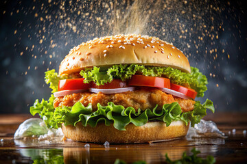 Fresh Crispy Fried Chicken Burger Sandwich with Lettuce, Tomato, Onion, and Water Splashes