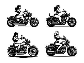 Obraz premium A collection of vector illustrations featuring stylish biker women riding their motorcycles.