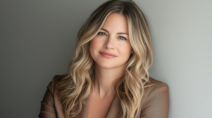 Naklejka premium Portrait of a smiling woman with wavy hair in a blazer against a gray background