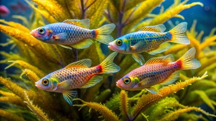 Naklejka premium Colorful Freshwater Fish Swimming Among Lush Green Aquatic Plants