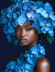 Portret kobiety w otoczeniu niebieskich hortensji. Artystyczny makijaż i kwiatowa stylizacja tworzą luksusowy, surrealistyczny efekt. Idealne do beauty, editorial i reklamy.