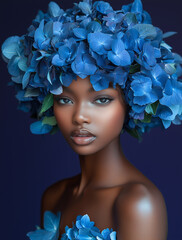 Portret kobiety w otoczeniu niebieskich hortensji. Artystyczny makijaż i kwiatowa stylizacja tworzą luksusowy, surrealistyczny efekt. Idealne do beauty, editorial i reklamy.