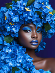 Portret kobiety w otoczeniu niebieskich hortensji. Artystyczny makijaż i kwiatowa stylizacja tworzą luksusowy, surrealistyczny efekt. Idealne do beauty, editorial i reklamy.