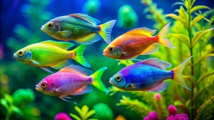 Fototapeta premium Vibrant Tropical Fish Swimming in a Colorful Aquarium Scene