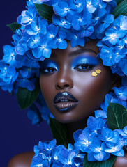 Portret kobiety w otoczeniu niebieskich hortensji. Artystyczny makijaż i kwiatowa stylizacja tworzą luksusowy, surrealistyczny efekt. Idealne do beauty, editorial i reklamy.