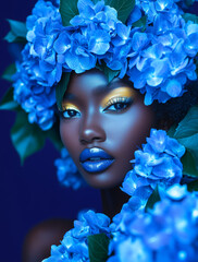 Portret kobiety w otoczeniu niebieskich hortensji. Artystyczny makijaż i kwiatowa stylizacja tworzą luksusowy, surrealistyczny efekt. Idealne do beauty, editorial i reklamy.