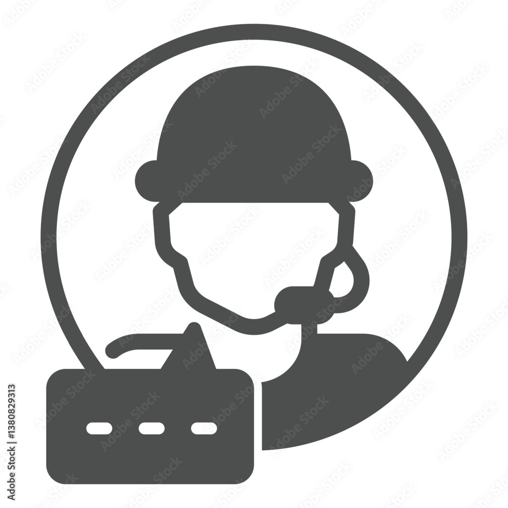 Poster assistant man with microphone and dialog solid icon, personal data concept. vector graphics. support