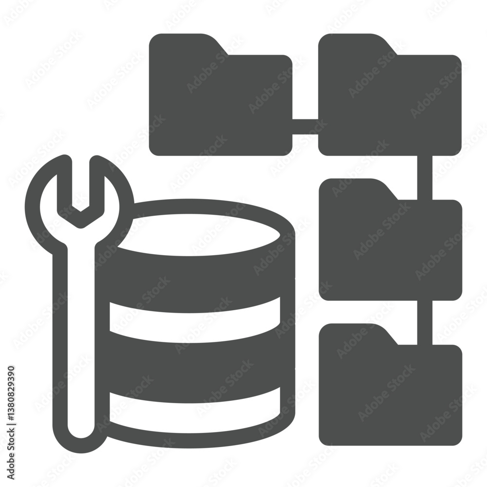 Fototapete Wrench and database storage with folders solid icon, folders explorer concept. Vector graphics. Developer data, folders sign on white background, glyph style icon for mobile or web design.