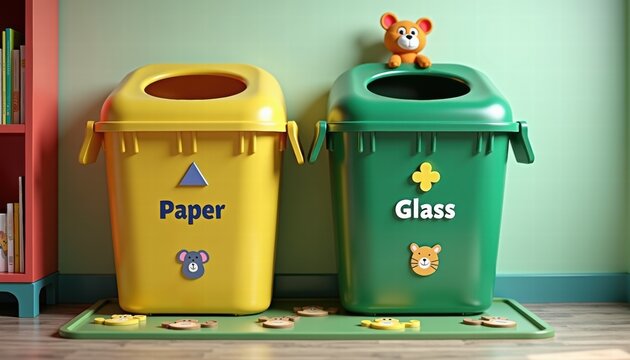 Home recycling station with colorful bins for paper and glass  