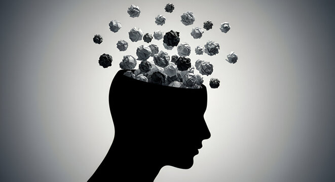 Silhouette of a human head with crumpled paper balls exploding outward, symbolizing creative thinking, ideas, brainstorming, innovation, problem-solving, and imagination. Abstract mind concept.