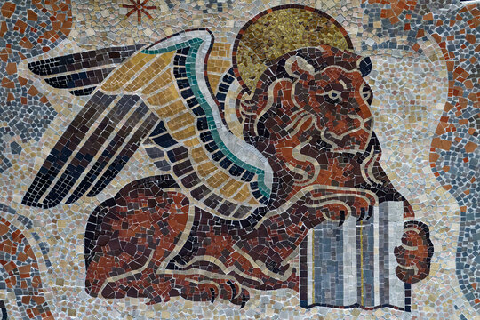 Mosaic of The tetramorph, symbol of the four evangelists with their attributes: the lion for Mark.