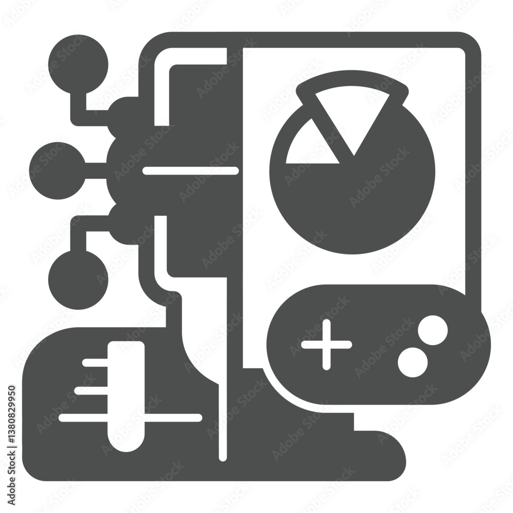 Poster player bot with game joystick solid icon, gaming network concept. vector graphics. game program data