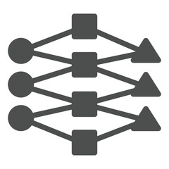 Graph with circle, square and triangle solid icon, neural network concept. Vector graphics. Decision tree algorithm, grid training sign on white background, glyph style icon for mobile or web design.
