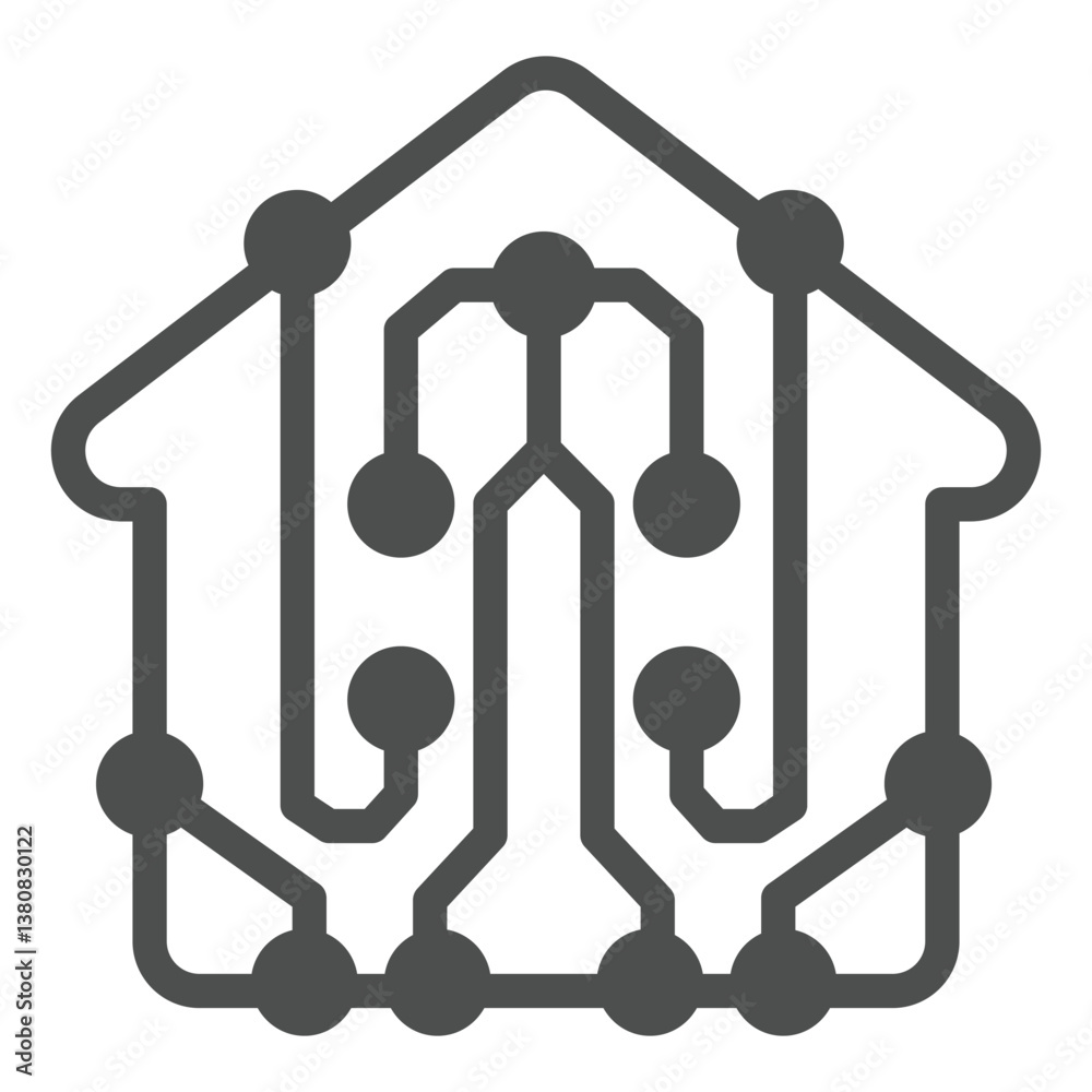 Poster house with wired connections solid icon, neural network concept. vector graphics. building with circ