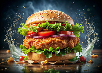 Fresh Crispy Fried Chicken Burger Sandwich with Lettuce, Tomato, Onion, and Water Splashes