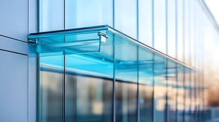 Modern glass facade detail showcasing a sleek turquoise window canopy with precise metal fixings on a contemporary building exterior.