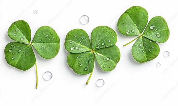 Three dewy clovers on white background for spring greetings
