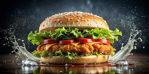 Fresh Crispy Fried Chicken Burger Sandwich with Lettuce, Tomato, Onion, and Water Splashes