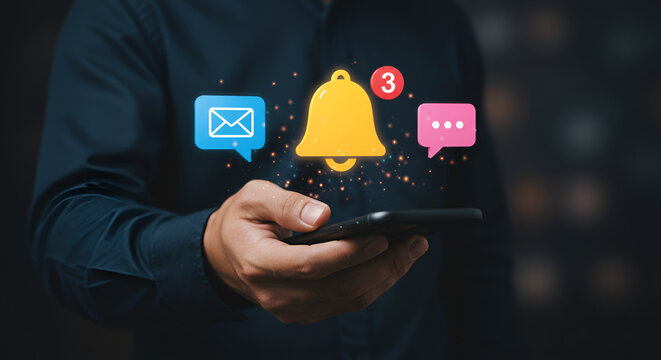 Smartphone notifications concept with floating email, message, and alert icons, representing digital communication, social media, and online connectivity.