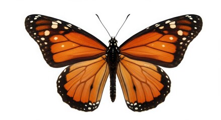 Fototapeta premium A detailed monarch butterfly with vibrant orange wings and intricate patterns isolated on a white background celebrating natural beauty and biodiversity