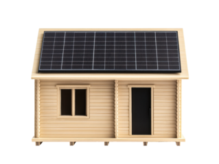 Eco-friendly wooden house model with solar panels on a transparent background, cut out